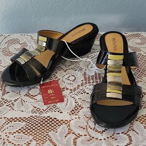 MERONA Black 2 1/4" Wedge Sandals with Gold and Silver Accents